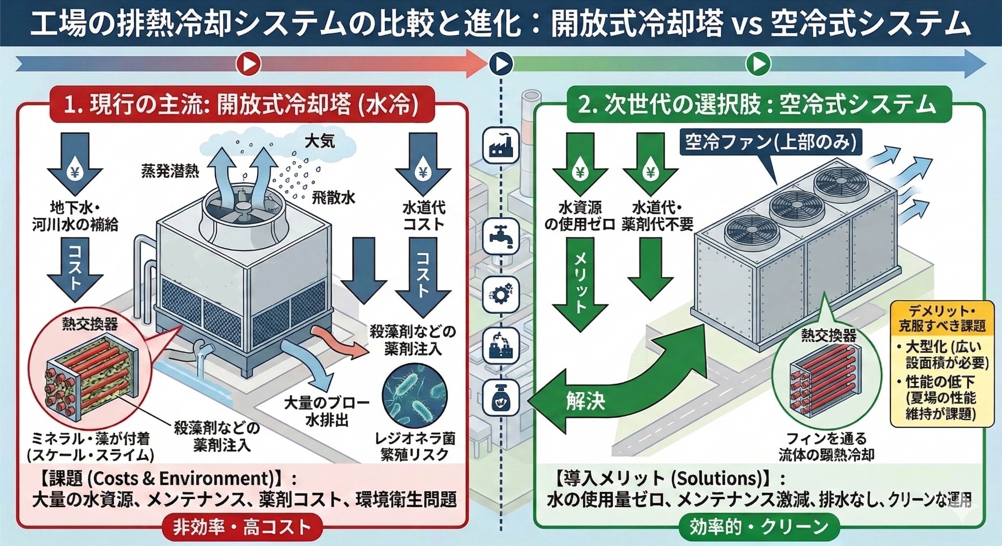 水冷（開放式冷却塔）vs 空冷式システム 比較図